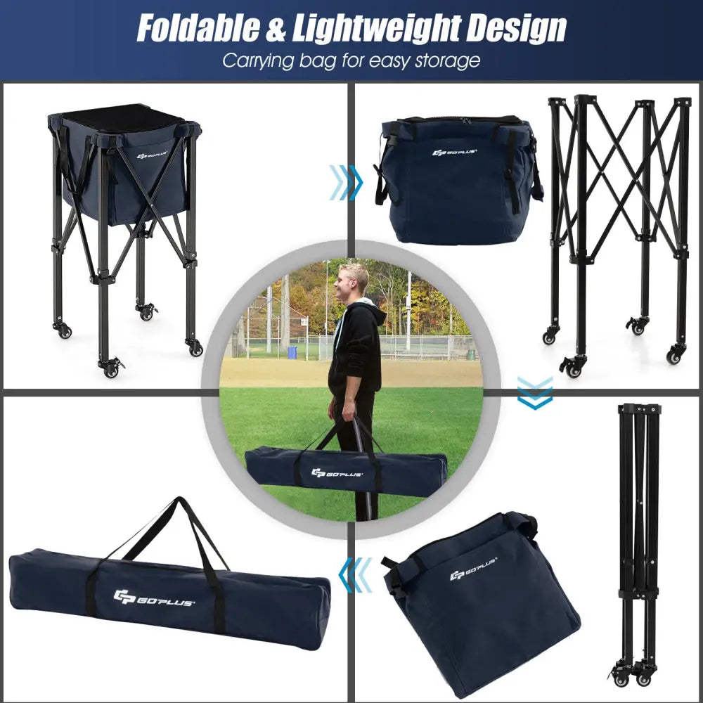 Lightweight Foldable Tennis Ball Teaching Cart with Wheels and Removable Bag-Blue - Blue - Sport Equipments