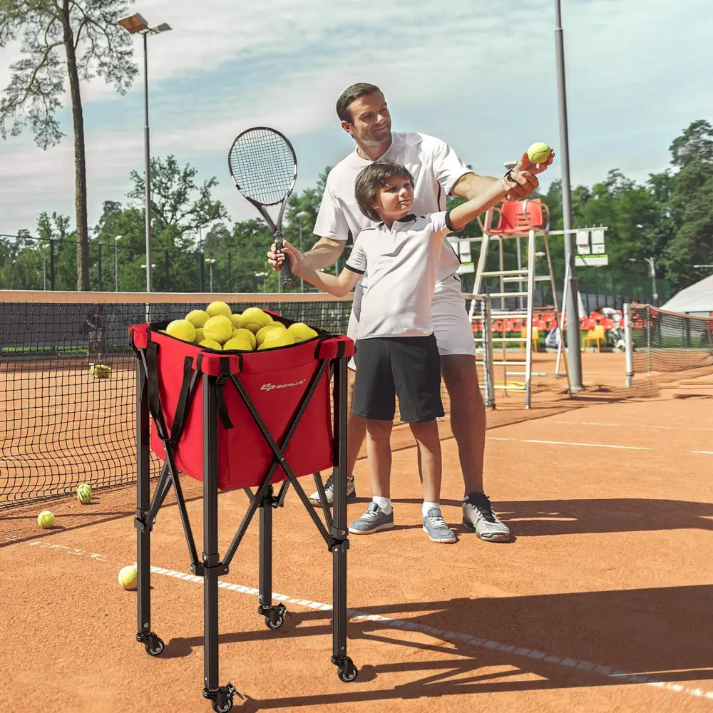 Lightweight Foldable Tennis Ball Teaching Cart with Wheels and Removable Bag-Red - Red - Sport Equipments