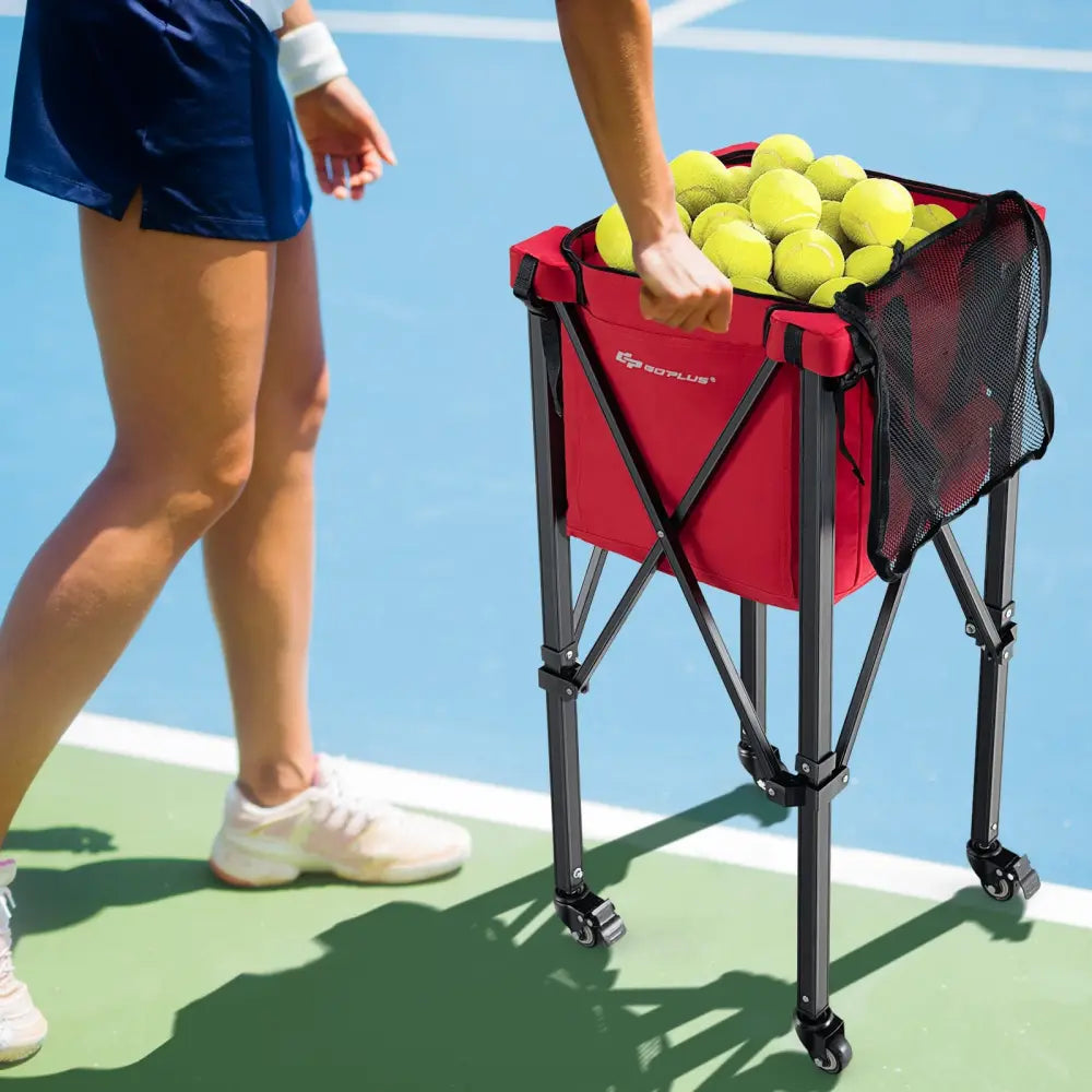 Lightweight Foldable Tennis Ball Teaching Cart with Wheels and Removable Bag-Red - Red - Sport Equipments