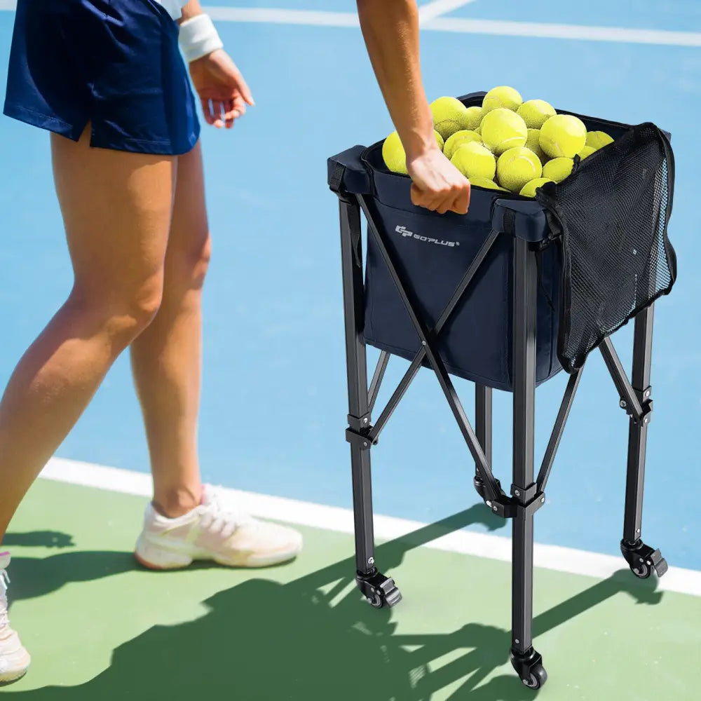 Lightweight Foldable Tennis Ball Teaching Cart with Wheels and Removable Bag-Blue - Blue - Sport Equipments