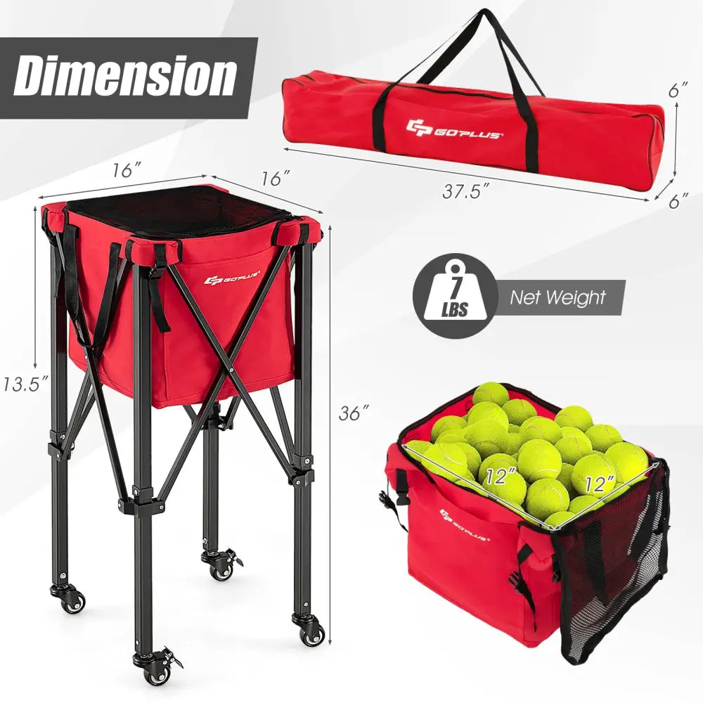 Lightweight Foldable Tennis Ball Teaching Cart with Wheels and Removable Bag-Red - Red - Sport Equipments