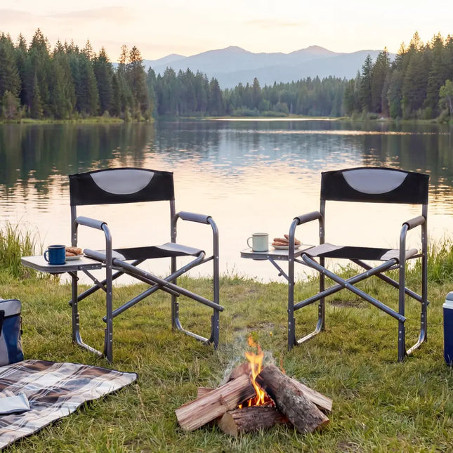 Lightweight Folding Camping Chair with Side Table-Black - Black - Camping Furniture