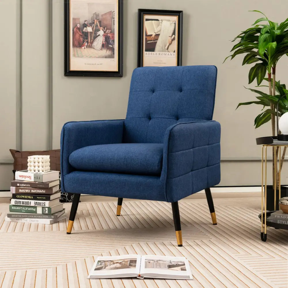 Linen Fabric Accent Chair with Removable Seat Cushion-Blue - Blue - Accent Chairs