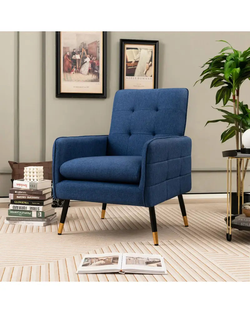 Linen Fabric Accent Chair with Removable Seat Cushion-Blue - Blue - Accent Chairs