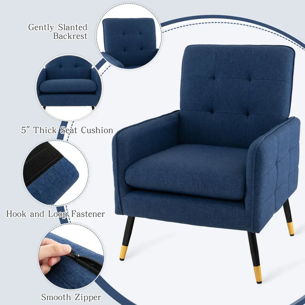 Linen Fabric Accent Chair with Removable Seat Cushion-Blue - Blue - Accent Chairs