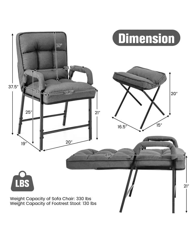 Linen Fabric Modern Accent Chair with Ottoman and Adjustable Backrest-Gray - Gray - Recliners