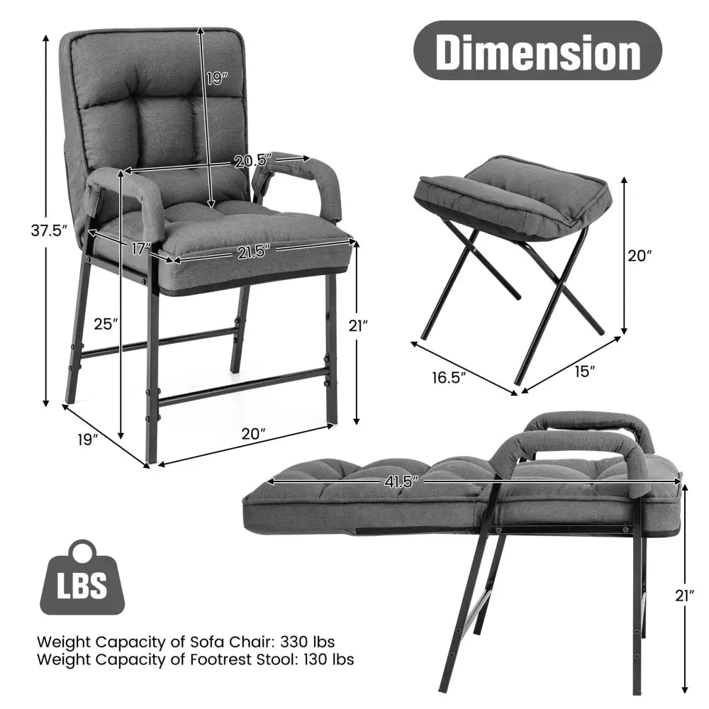 Linen Fabric Modern Accent Chair with Ottoman and Adjustable Backrest-Gray - Gray - Recliners