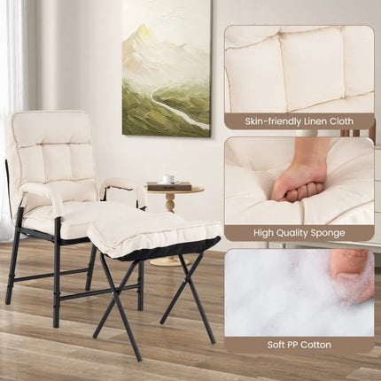 Linen Fabric Modern Accent Chair with Ottoman and Adjustable Backrest-Beige - Beige - Recliners