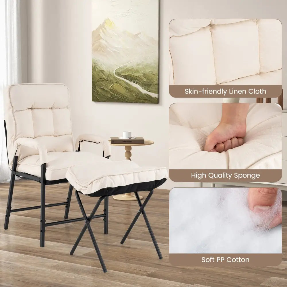 Linen Fabric Modern Accent Chair with Ottoman and Adjustable Backrest-Beige - Beige - Recliners