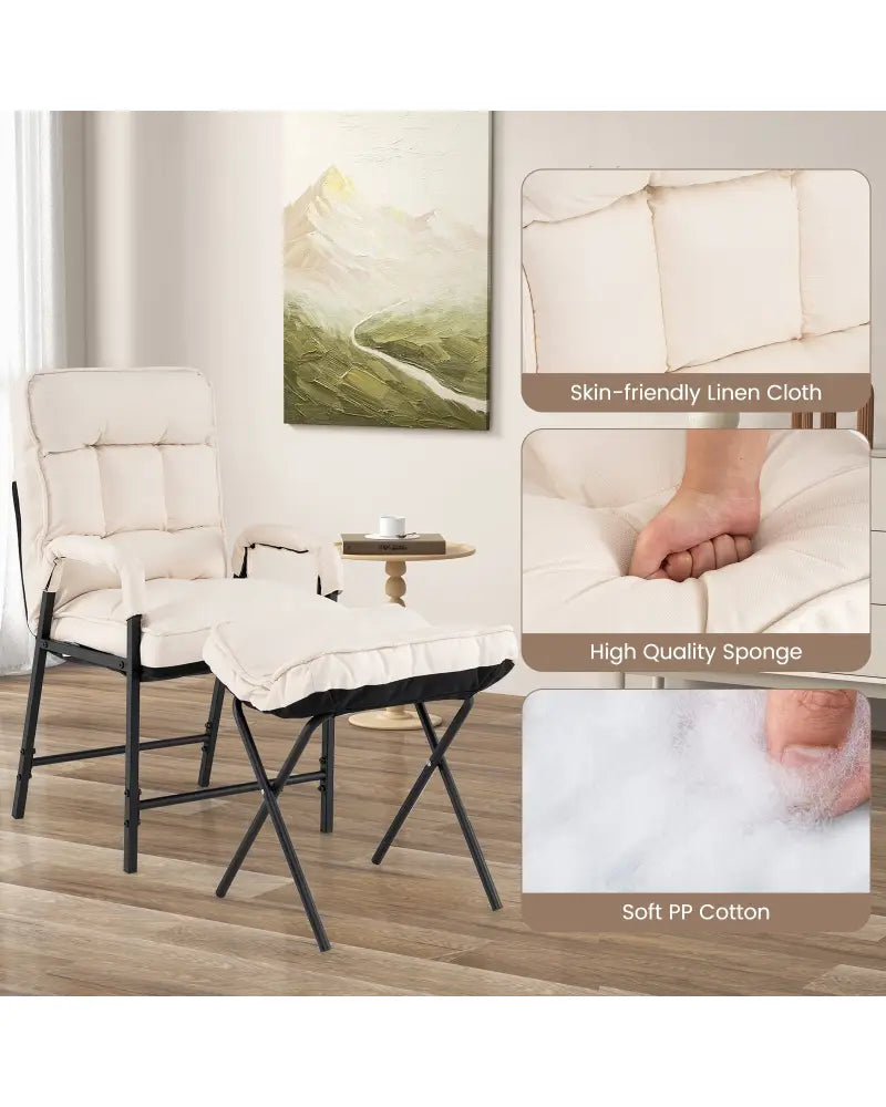 Linen Fabric Modern Accent Chair with Ottoman and Adjustable Backrest-Beige - Beige - Recliners