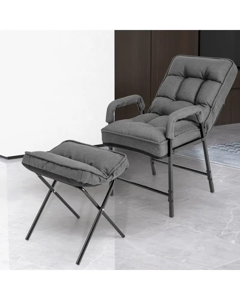 Linen Fabric Modern Accent Chair with Ottoman and Adjustable Backrest-Gray - Gray - Recliners