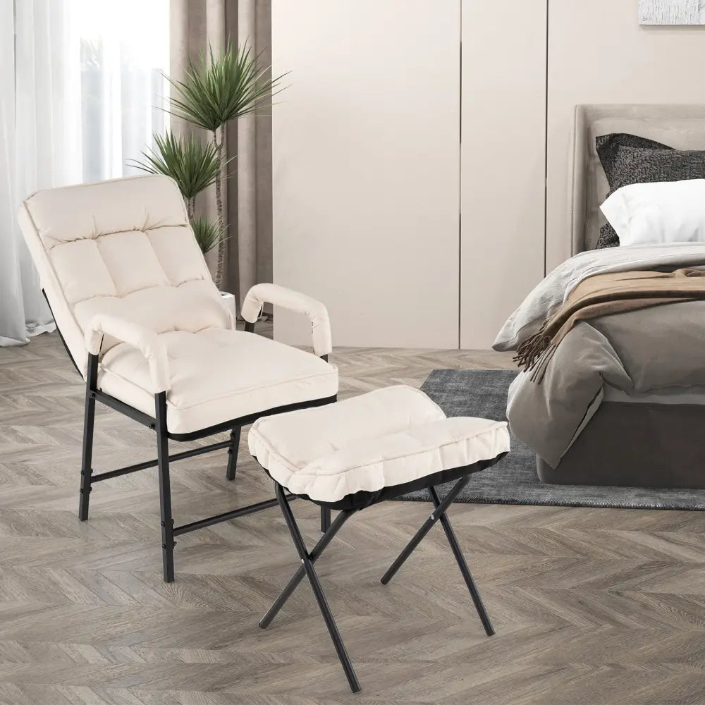Linen Fabric Modern Accent Chair with Ottoman and Adjustable Backrest-Beige - Beige - Recliners