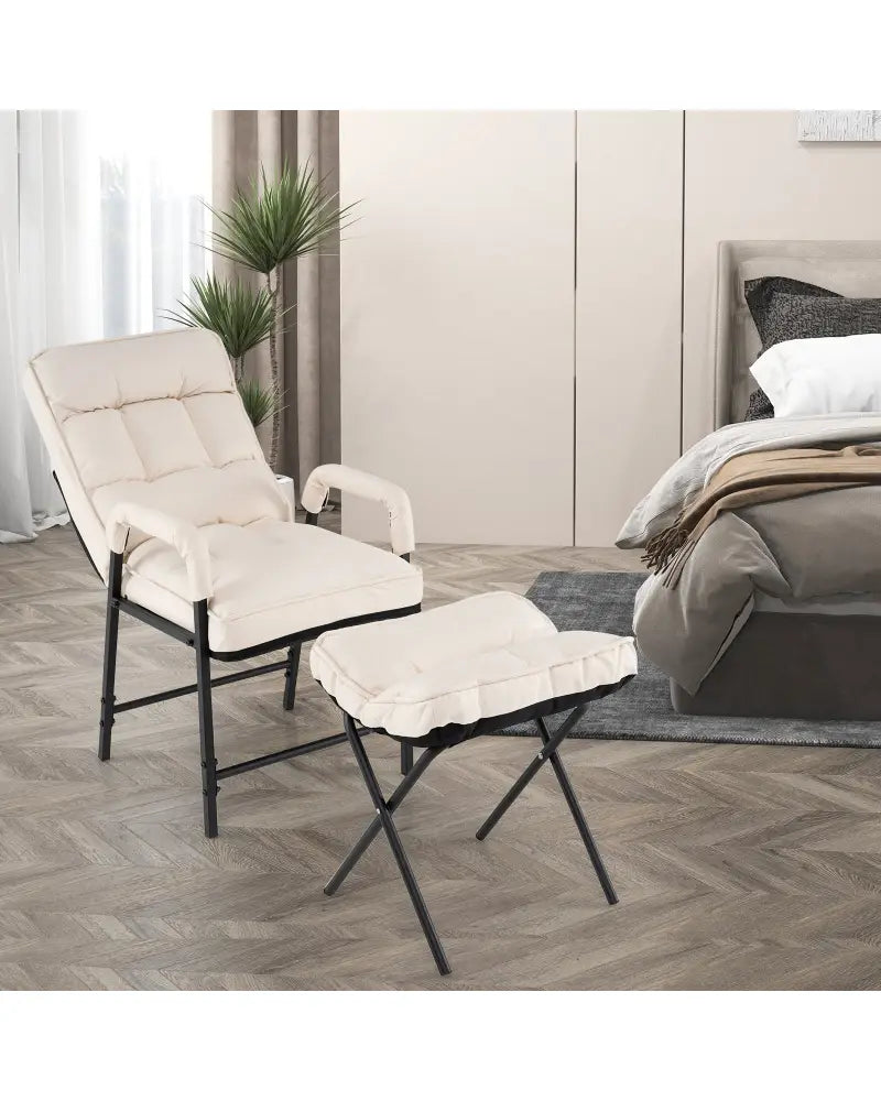 Linen Fabric Modern Accent Chair with Ottoman and Adjustable Backrest-Beige - Beige - Recliners