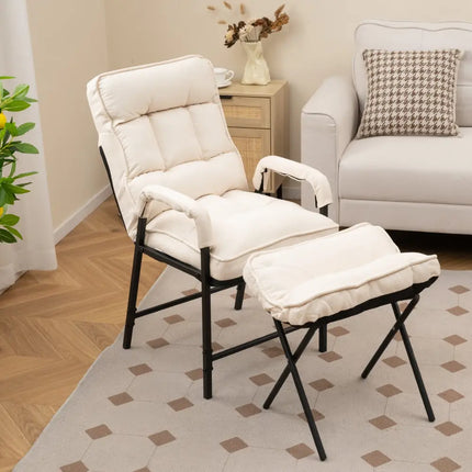 Linen Fabric Modern Accent Chair with Ottoman and Adjustable Backrest-Beige - Beige - Recliners