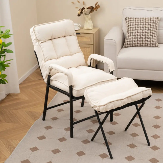 Linen Fabric Modern Accent Chair with Ottoman and Adjustable Backrest-Beige - Beige - Recliners