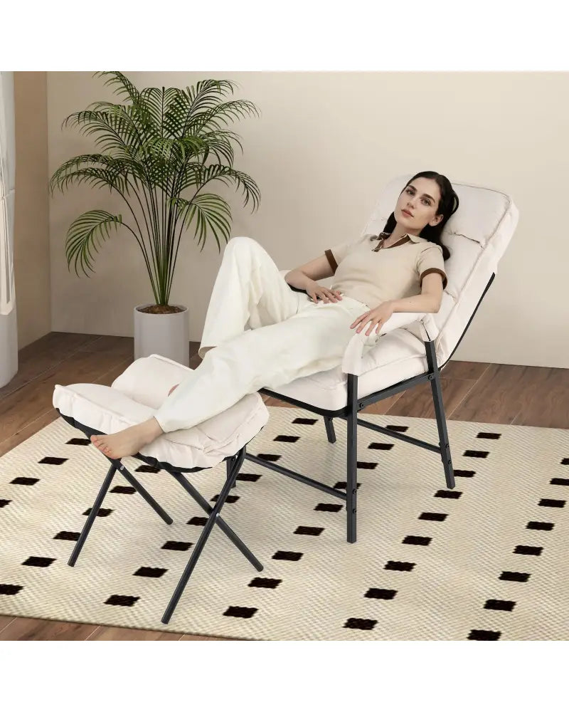 Linen Fabric Modern Accent Chair with Ottoman and Adjustable Backrest-Beige - Beige - Recliners