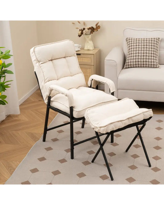 Linen Fabric Modern Accent Chair with Ottoman and Adjustable Backrest-Beige - Beige - Recliners