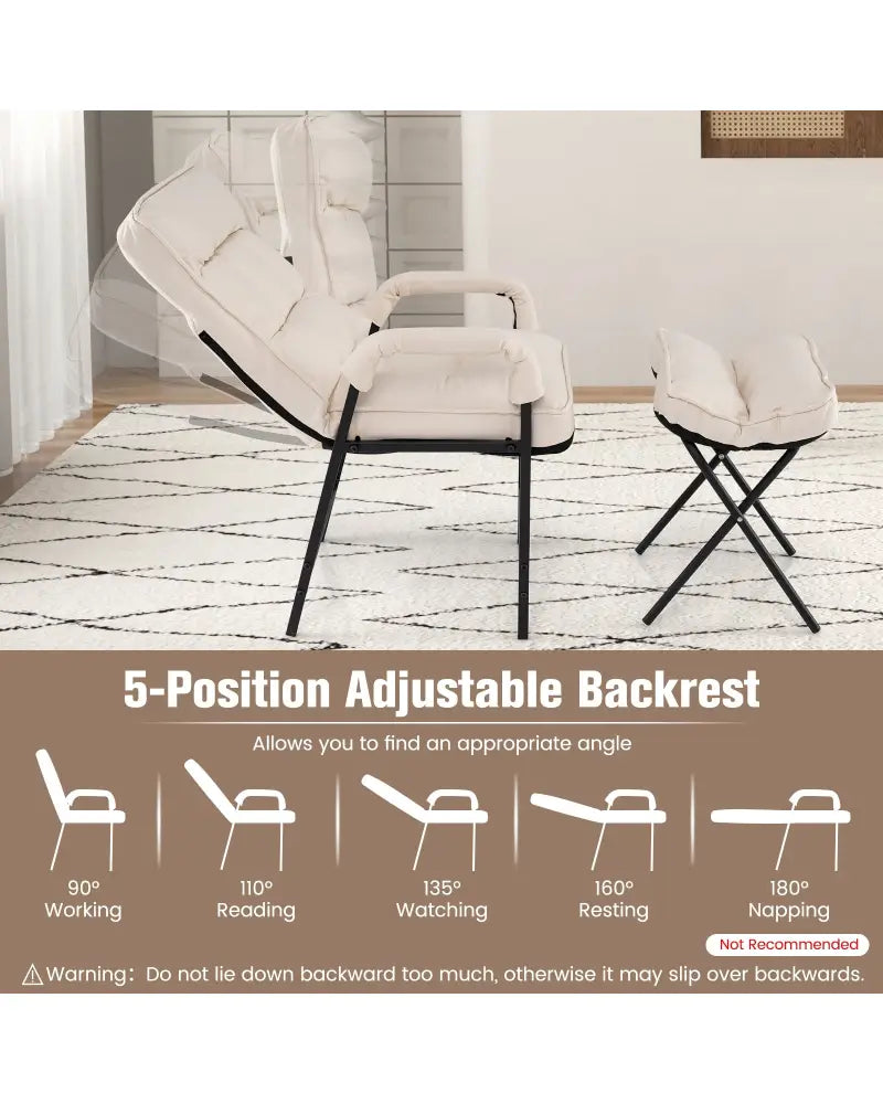 Linen Fabric Modern Accent Chair with Ottoman and Adjustable Backrest-Beige - Beige - Recliners
