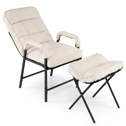 Linen Fabric Modern Accent Chair with Ottoman and Adjustable Backrest-Beige - Beige - Recliners