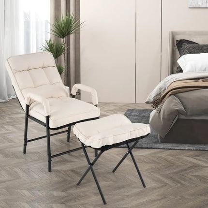 Linen Fabric Modern Accent Chair with Ottoman and Adjustable Backrest-Beige - Beige - Recliners