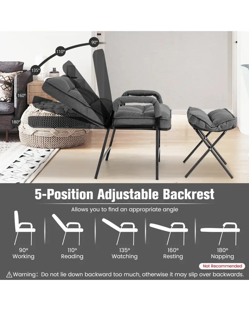 Linen Fabric Modern Accent Chair with Ottoman and Adjustable Backrest-Gray - Gray - Recliners