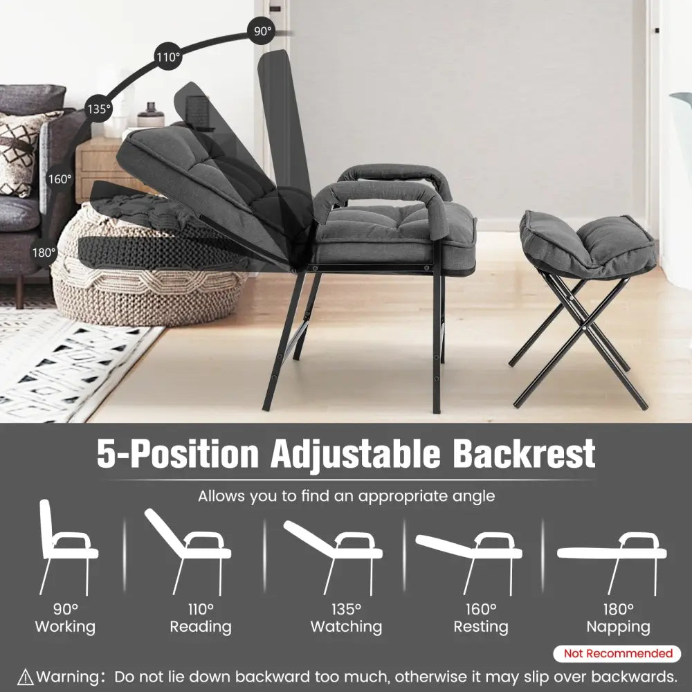 Linen Fabric Modern Accent Chair with Ottoman and Adjustable Backrest-Gray - Gray - Recliners