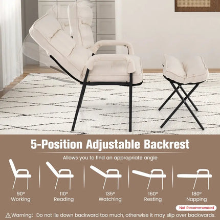 Linen Fabric Modern Accent Chair with Ottoman and Adjustable Backrest-Beige - Beige - Recliners