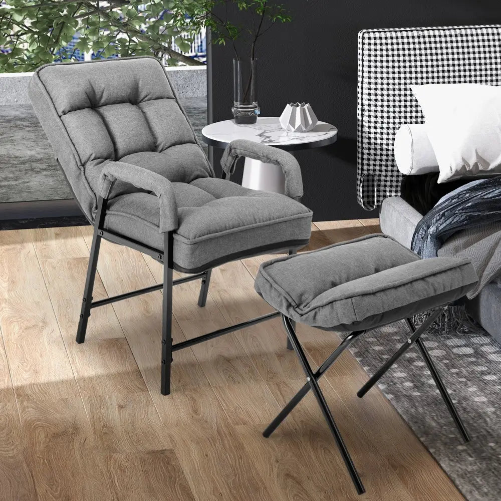 Linen Fabric Modern Accent Chair with Ottoman and Adjustable Backrest-Gray - Gray - Recliners