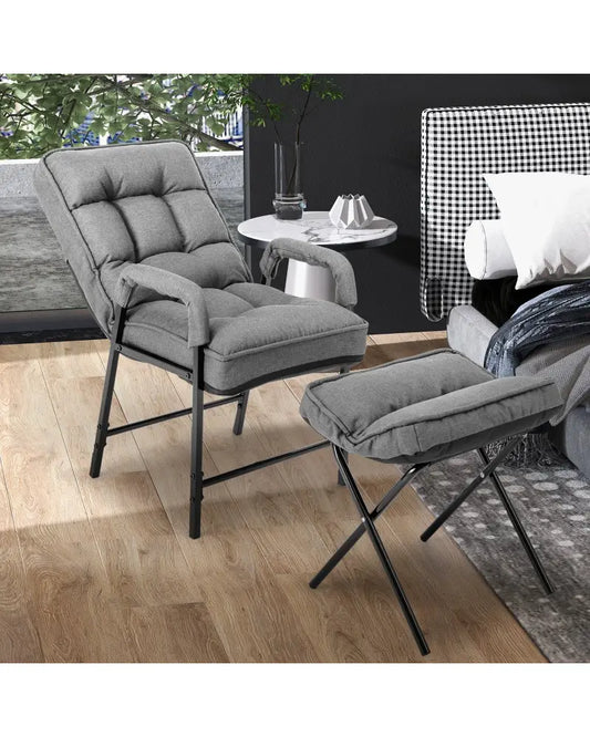 Linen Fabric Modern Accent Chair with Ottoman and Adjustable Backrest-Gray - Gray - Recliners