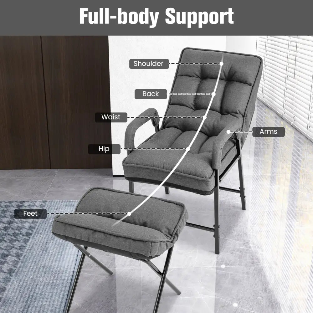 Linen Fabric Modern Accent Chair with Ottoman and Adjustable Backrest-Gray - Gray - Recliners