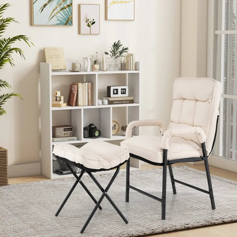Linen Fabric Modern Accent Chair with Ottoman and Adjustable Backrest-Beige - Beige - Recliners
