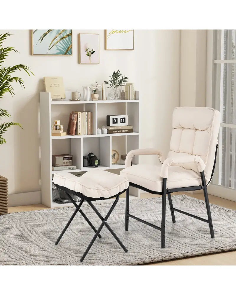 Linen Fabric Modern Accent Chair with Ottoman and Adjustable Backrest-Beige - Beige - Recliners