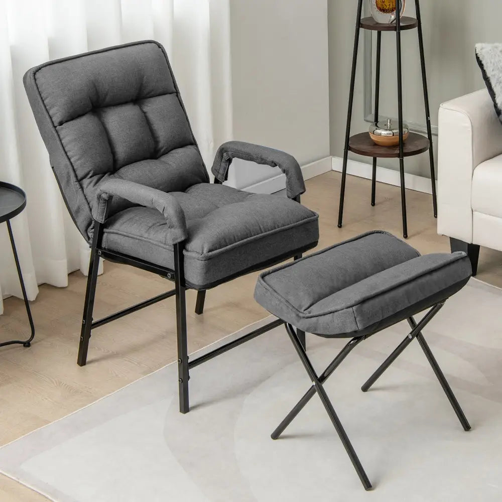 Linen Fabric Modern Accent Chair with Ottoman and Adjustable Backrest-Gray - Gray - Recliners