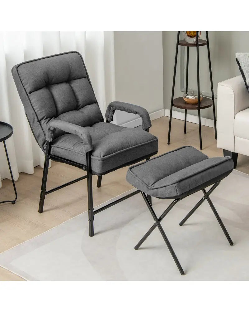 Linen Fabric Modern Accent Chair with Ottoman and Adjustable Backrest-Gray - Gray - Recliners