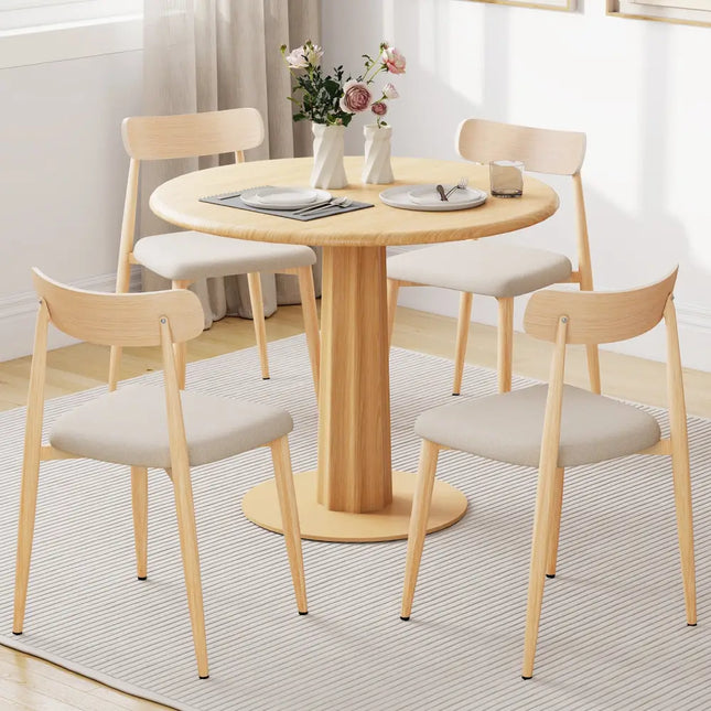 Linen Fabric Upholstered Modern Dining Chair Set of 4 with Padded Seat and Curved Back-Oak - Oak - Dining Chairs
