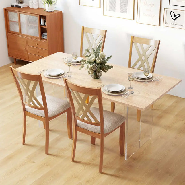 Linen Fabric Upholstered Wooden Dining Chair Set of 4 with Rubber Wood Frame for Dining Room-Natural - Natural - Dining