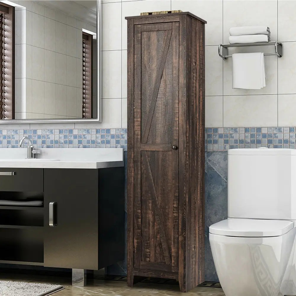Linen Tower Bathroom Storage Cabinet Tall Slim Side Organizer with Shelf-Walnut - Walnut - Floor Cabinets