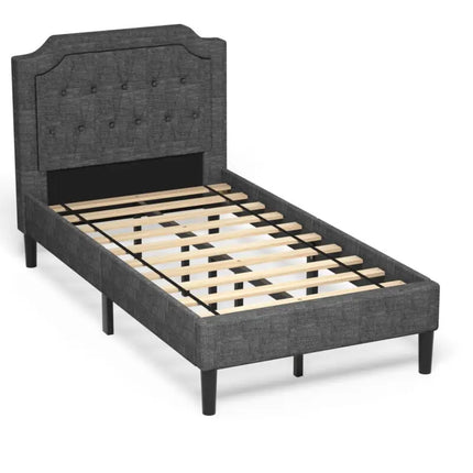 Linen Twin Upholstered Platform Bed with Frame Headboard Mattress Foundation - Black - Simple Bed Frame