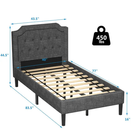 Linen Twin Upholstered Platform Bed with Frame Headboard Mattress Foundation - Black - Simple Bed Frame