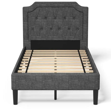Linen Twin Upholstered Platform Bed with Frame Headboard Mattress Foundation - Black - Simple Bed Frame