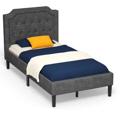 Linen Twin Upholstered Platform Bed with Frame Headboard Mattress Foundation - Black - Simple Bed Frame