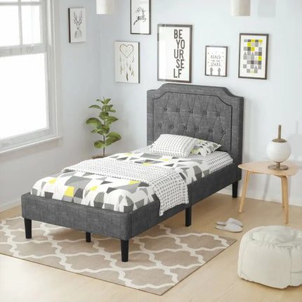 Linen Twin Upholstered Platform Bed with Frame Headboard Mattress Foundation - Black - Simple Bed Frame