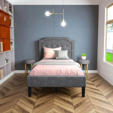 Linen Twin Upholstered Platform Bed with Frame Headboard Mattress Foundation - Black - Simple Bed Frame
