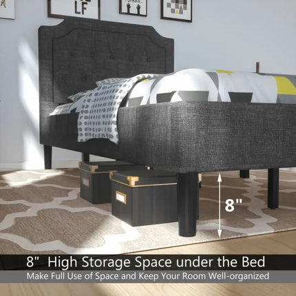 Linen Twin Upholstered Platform Bed with Frame Headboard Mattress Foundation - Black - Simple Bed Frame