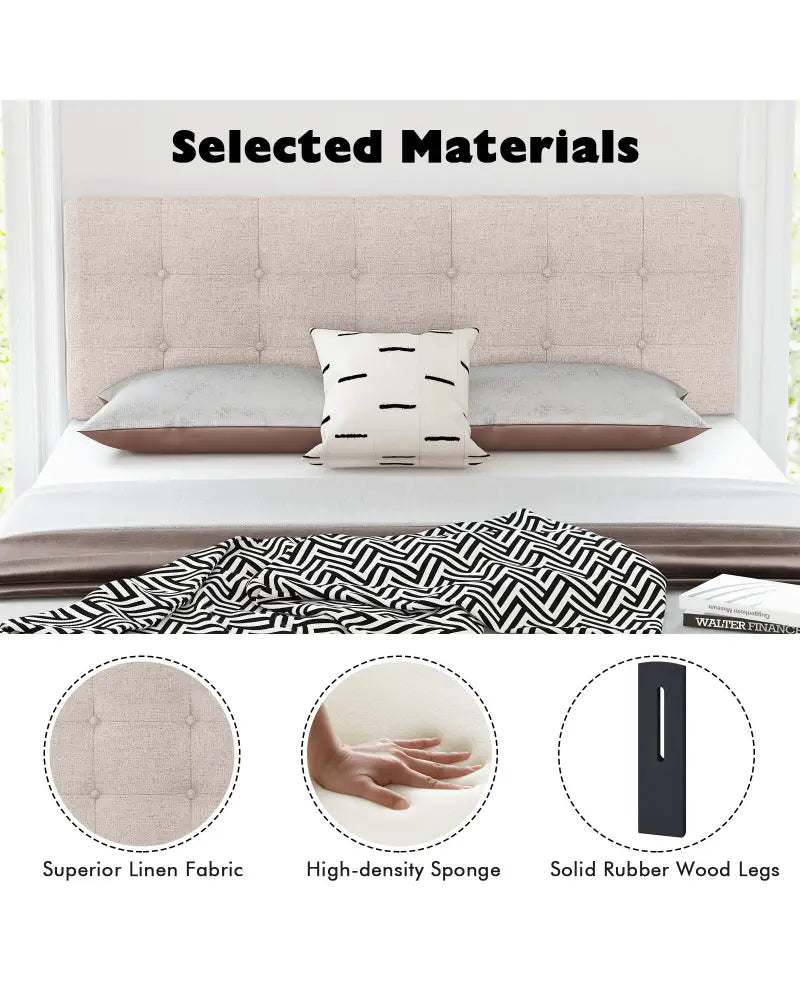 Linen Upholstered Headboard with Solid Rubber Wood Legs-Beige - Beige - Headboards