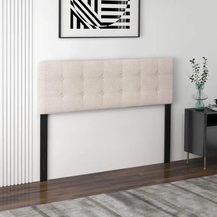 Linen Upholstered Headboard with Solid Rubber Wood Legs-Beige - Beige - Headboards