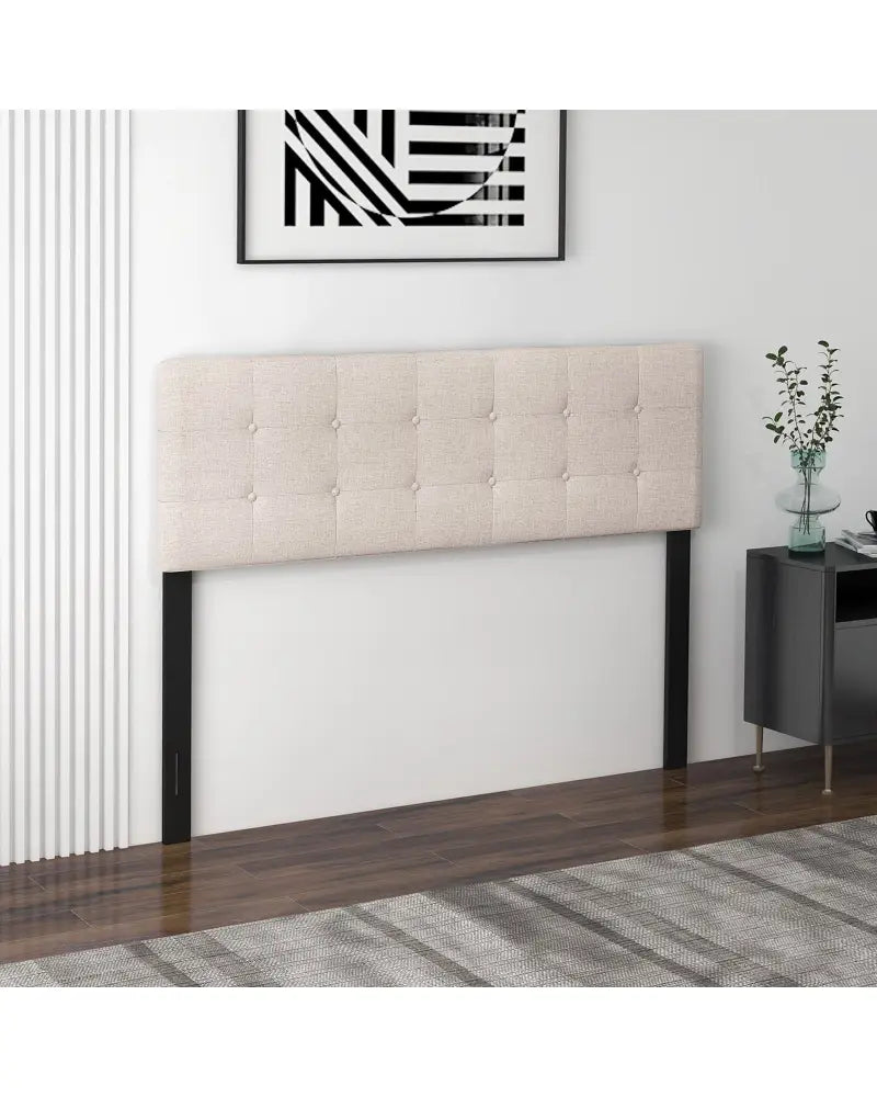 Linen Upholstered Headboard with Solid Rubber Wood Legs-Beige - Beige - Headboards