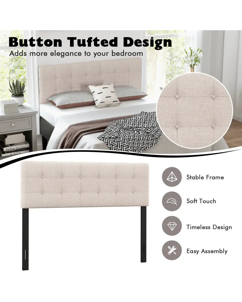 Linen Upholstered Headboard with Solid Rubber Wood Legs-Beige - Beige - Headboards