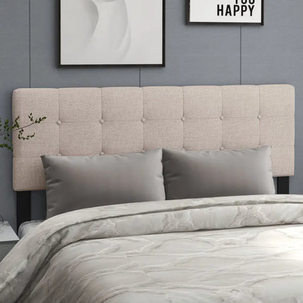 Linen Upholstered Headboard with Solid Rubber Wood Legs-Beige - Beige - Headboards