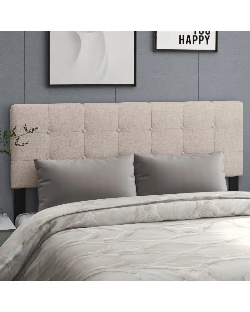 Linen Upholstered Headboard with Solid Rubber Wood Legs-Beige - Beige - Headboards